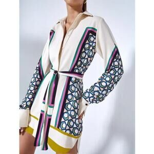 Alexis Stellar Long-Sleeve Shirt Mini Dress Belted Striped Sz M Cocktail Party